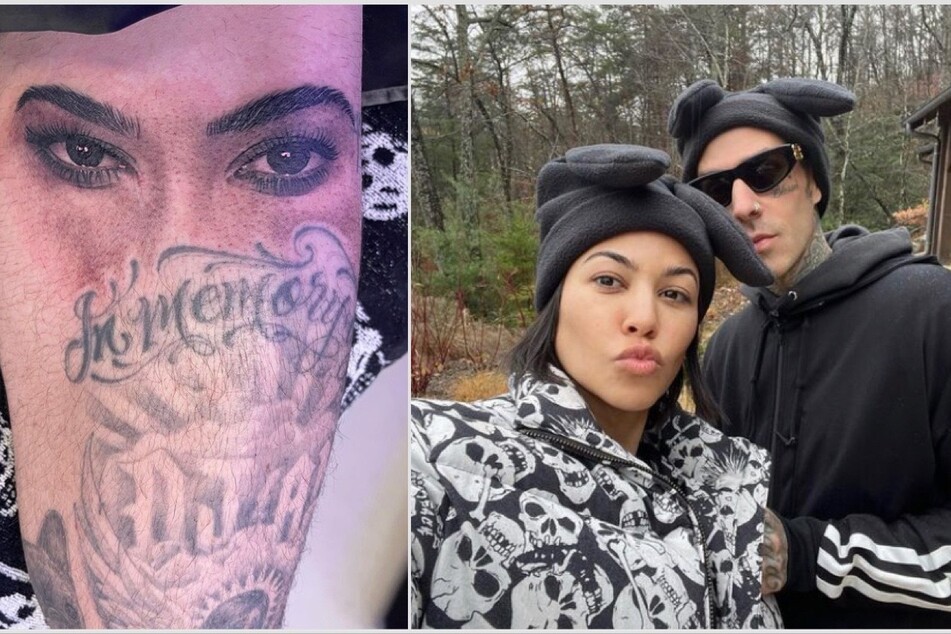 Travis Barker (r). has continued to show off how much he loves his wifey Kourtney Kardashian with a new tattoo of her eyes (l.).