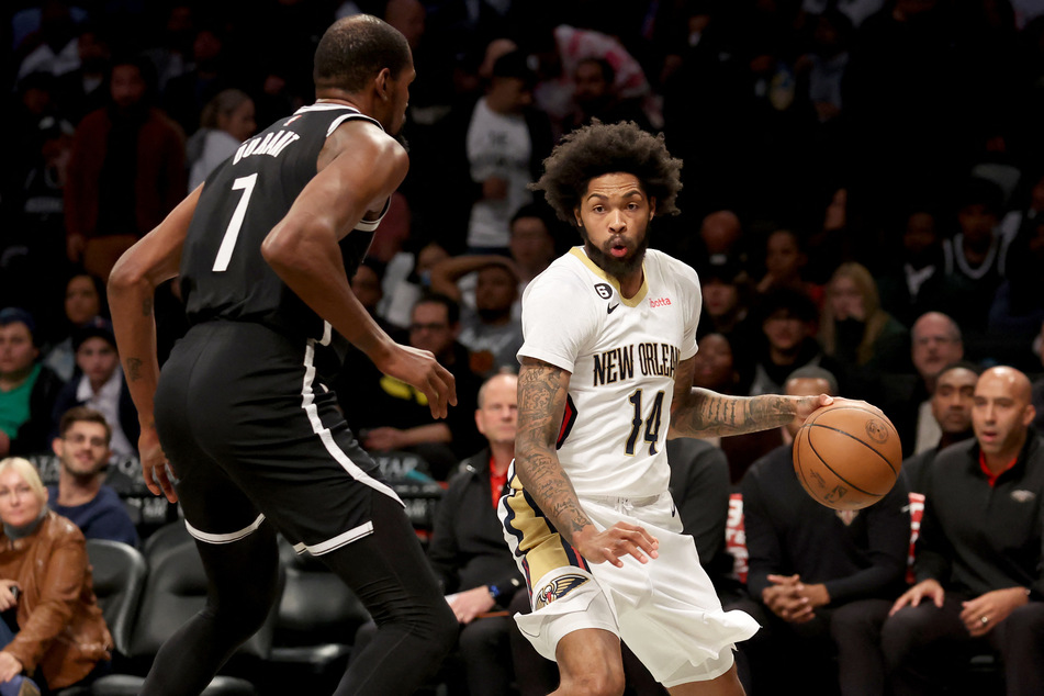 New Orleans Pelicans forward Brandon Ingram controls the ball against Brooklyn Nets forward Kevin Durant during the third quarter at Barclays Center.