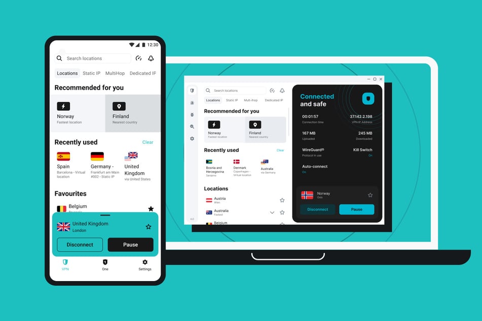 Darstellung eines VPN-Dienstes auf Smartphone und Laptop – verbunden mit verschiedenen Servern, ideal zur Nutzung eines VPN für die Schweiz.