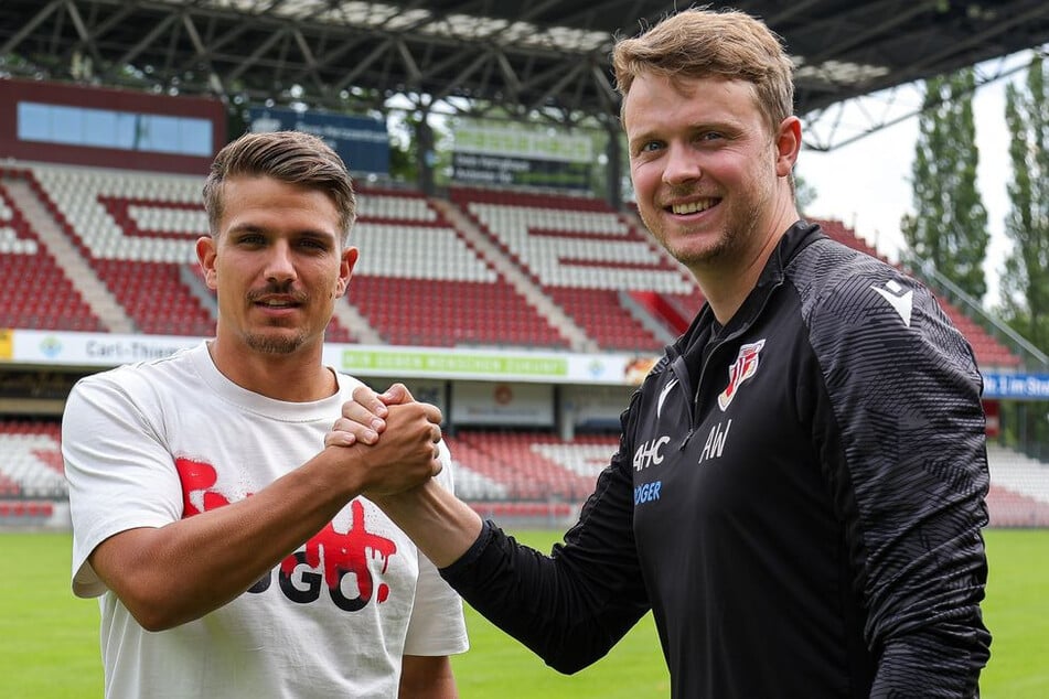 Arbeiten von nun an zusammen: FCE-Neuzugang Max Böhnke (21, l.) und Torwarttrainer Anton Wittmann (30).