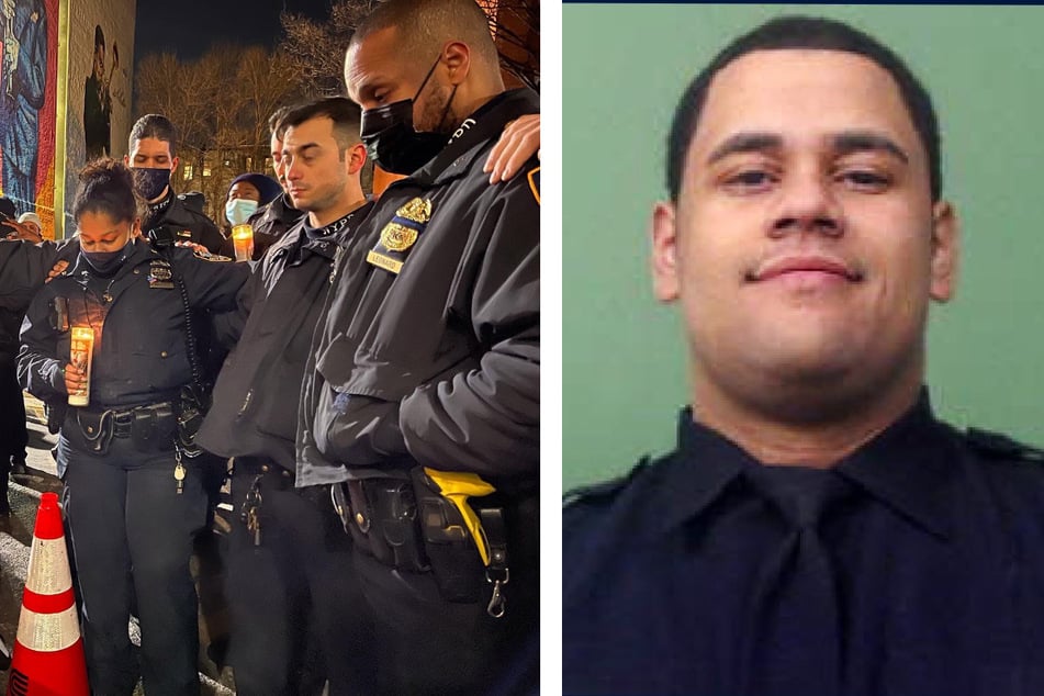 New York Police Department officers mourned (l.) slain Officer Jason Rivera and Officer Wilbert Mora (r.), who died of his injuries on Tuesday.