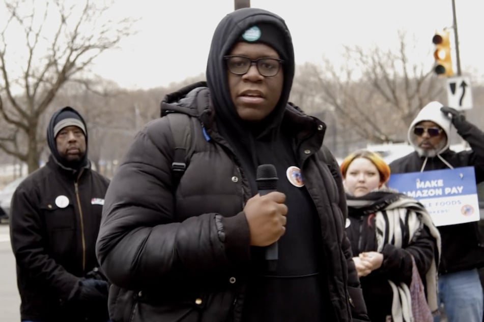 Whole Foods worker Mase Veney speaks in support of unionization during a rally in Philadelphia, Pennsylvania.