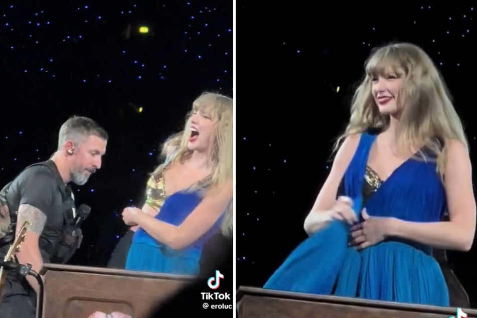 Taylor Swift laughed off a wardrobe blunder during her performance in Stockholm, Sweden on Sunday.