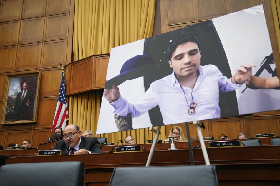 A photo of Ovidio Guzman Lopez, a son of former Sinaloa cartel leader Joaquin El Chapo Guzman, is displayed during a House Judiciary Committee hearing on September 20, 2023.