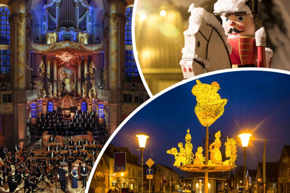 In Radebeul lädt ein Lichterpfad zum Schlendern ein (rechts unten). Das Adventskonzert in der Frauenkirche (l.) kann man in diesem Jahr am besten im eigenen Wohnzimmer genießen.