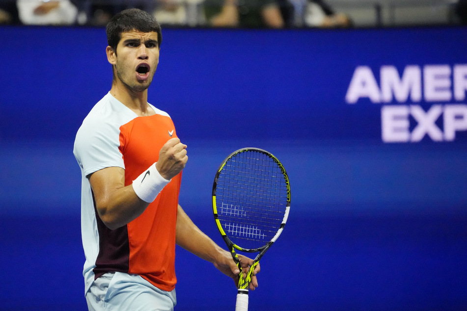 Carlos Alcaraz of Spain reacts after winning a point against Frances Tiafoe of the US in the men's singles semifinal on day 12 of the 2022 US Open.