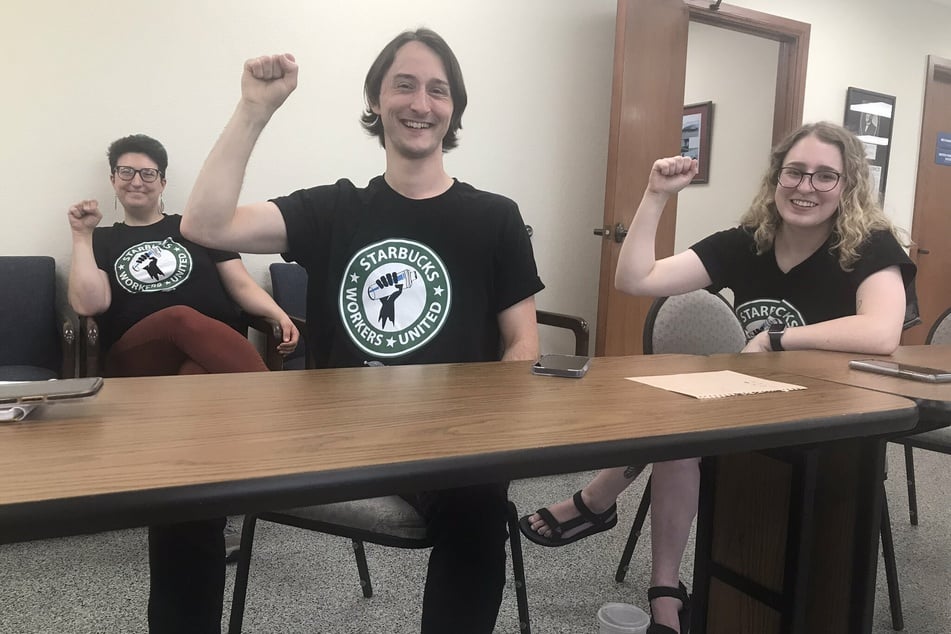 Starbucks workers in Oklahoma City celebrate their union election victory.