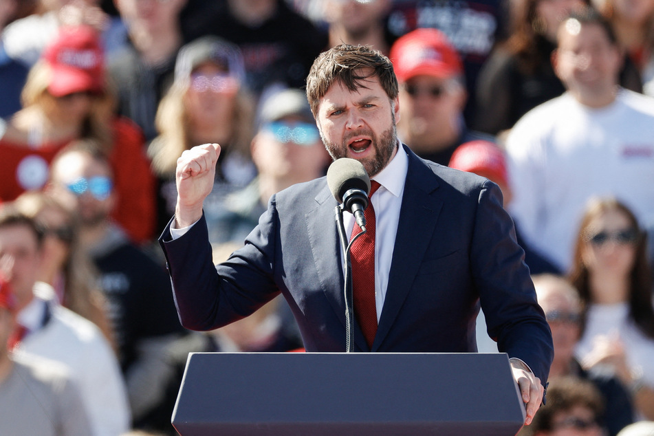 Ohio Senator JD Vance speaking before former President Donald Trump during a Buckeye Values ​​PAC Rally in Vandalia, Ohio, on March 16, 2024.