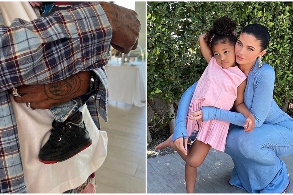 On Sunday, Kylie Jenner (r.) shared a new photo of her son with Travis Scott (l.) from the family's Easter weekend celebrations.