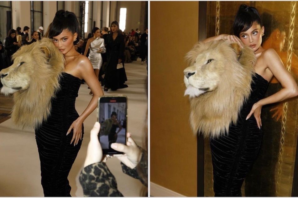 The lion sleeps on Kylie Jenner's shoulder tonight! The reality star sported a bold look at Paris Fashion Week.
