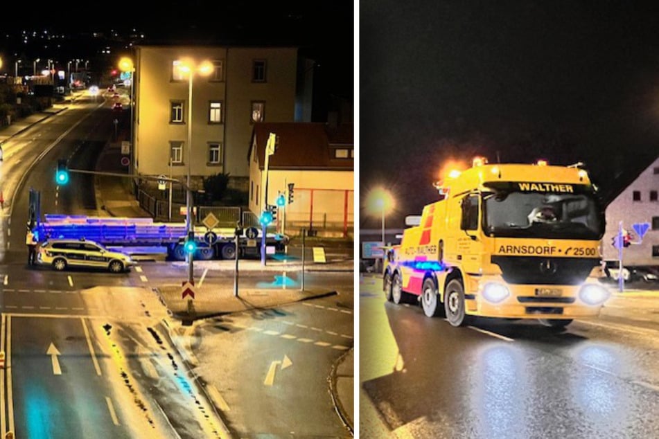Panne in Pirna: Truck-Anhänger bleibt auf Kreuzung liegen und blockiert wichtige Straße