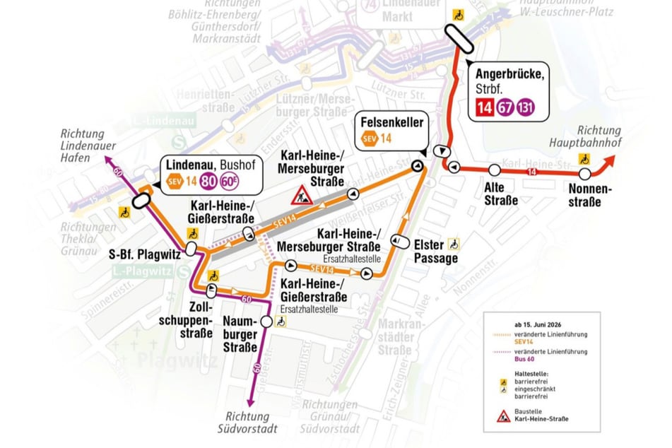 So werden die Straßenbahnen ab 7. April umgeleitet. Ab dem voraussichtlich 15. Juni gibt es dann nochmal kleine Änderungen, die auf der Karte eingezeichnet sind.