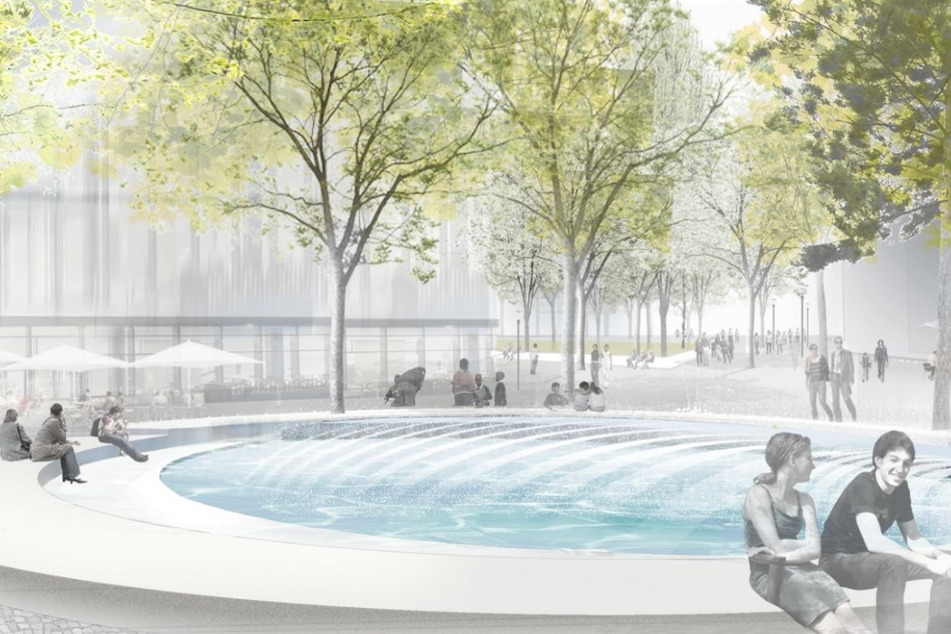 So soll der Brunnen aussehen. Im Boden wird der Siegerentwurf des Wettbewerbs in Mosaiktechnik realisiert. (Visualisierung)