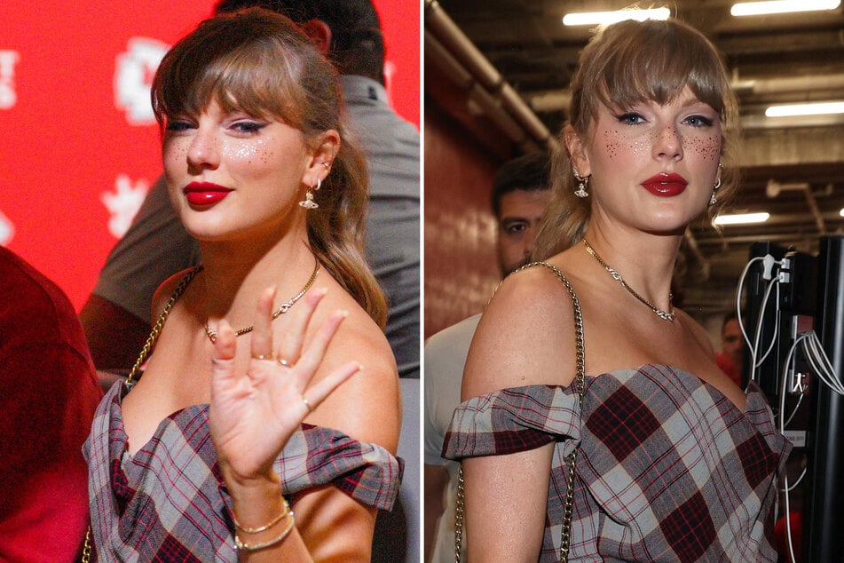 Taylor Swift sparkles in Chiefs-inspired glitter freckles to cheer on Travis Kelce