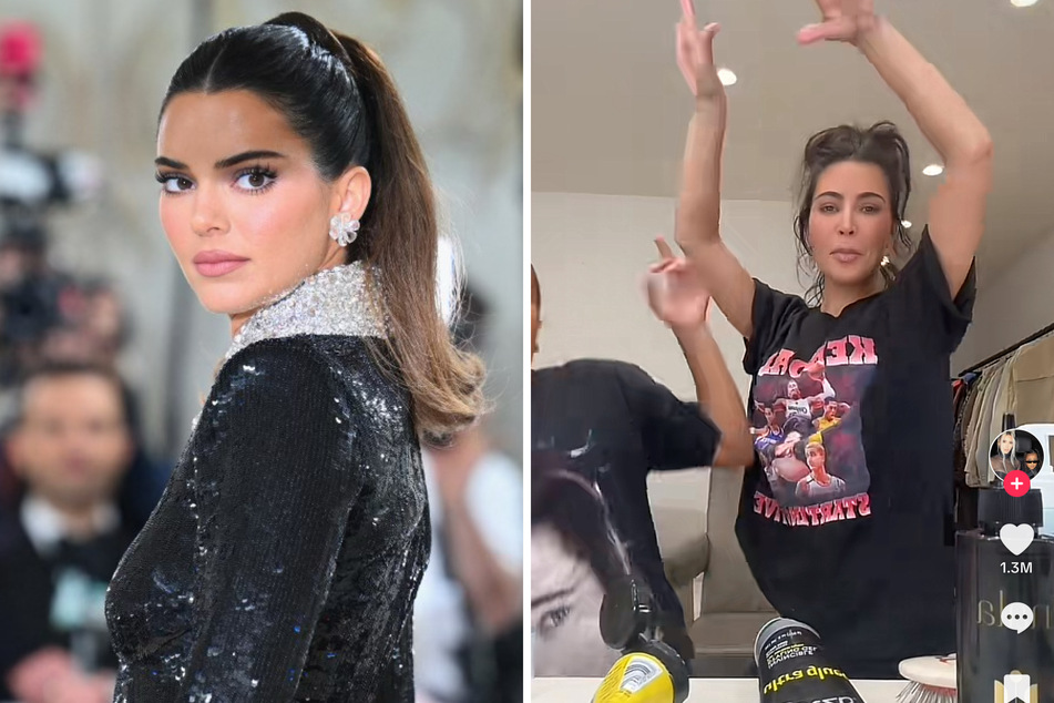 Kim Kardashian (r) hilariously trolled her half sister Kendall Jenner over her NBA exes in a viral TikTok, wearing a "Kendall Starting Five" t-shirt.