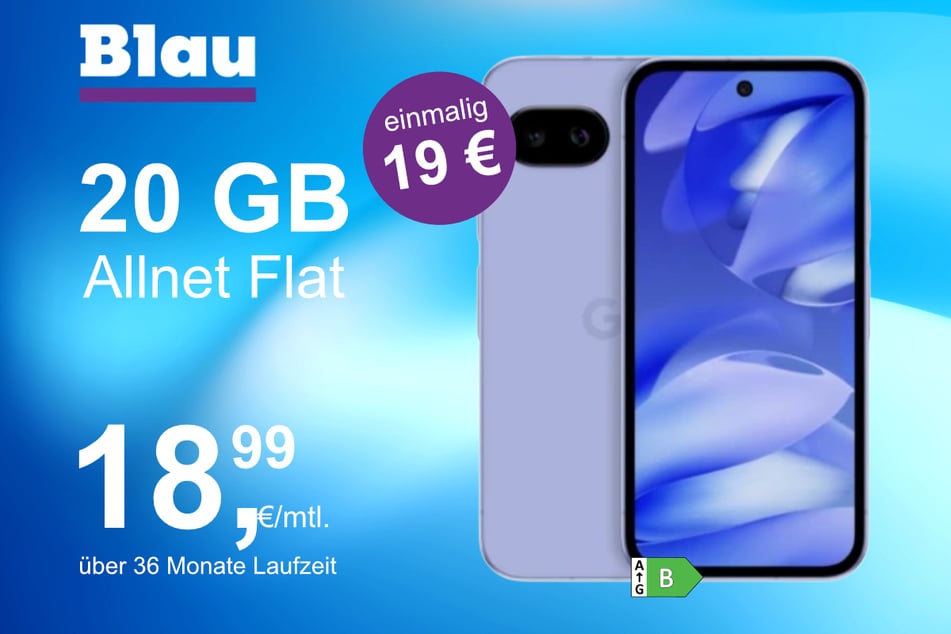 Das Google Pixel 9a im Blau Allnet M für einmalig 19 Euro.