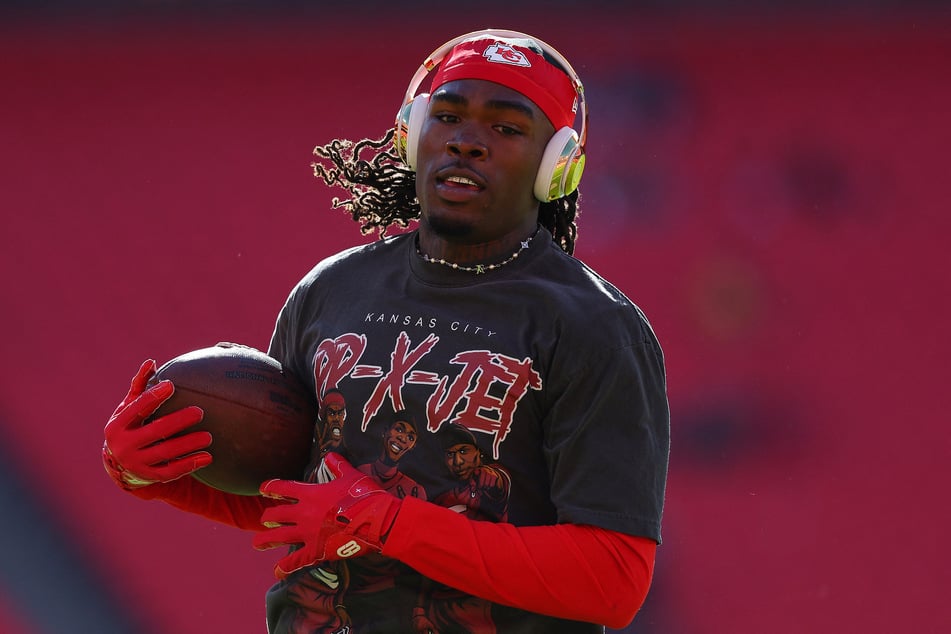 Rashee Rice of the Kansas City Chiefs warms up prior to the game against the Las Vegas Raiders at Arrowhead Stadium on October 19, 2025.