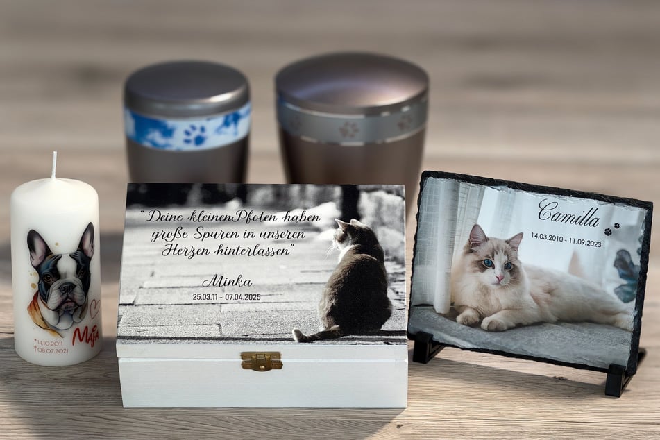 Kleine Pfoten, große Lücke: Urnen und Andenken verstorbener Haustiere stehen im "Seelenpfote"-Büro bereit.
