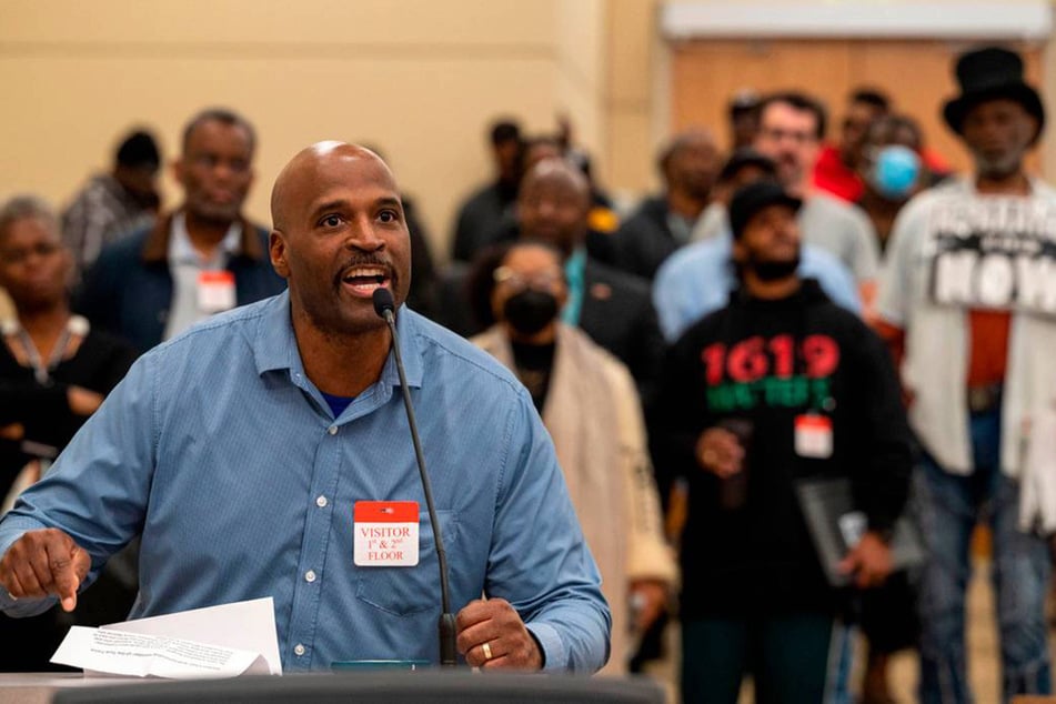 Matthew Burgess, whose formerly enslaved great-great grandfather Rufus Burgess owned property seized by the state during the Gold Rush, testifies before the California Reparations Task Force in March 2023.