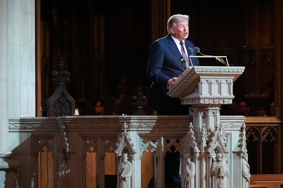 President Donald Trump speaks during the funeral service for US Senator Lindsey Graham at the Washington National Cathedral in Washington, DC, on Tuesday