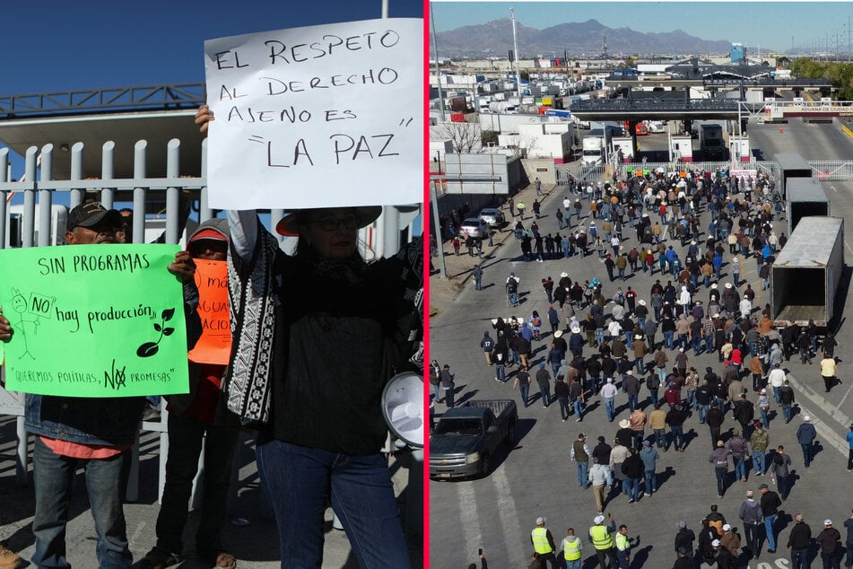 Farmers and truck drivers swarmed a Mexico-US border bridge in protest against new agriculture laws introduced by the Mexican government.
