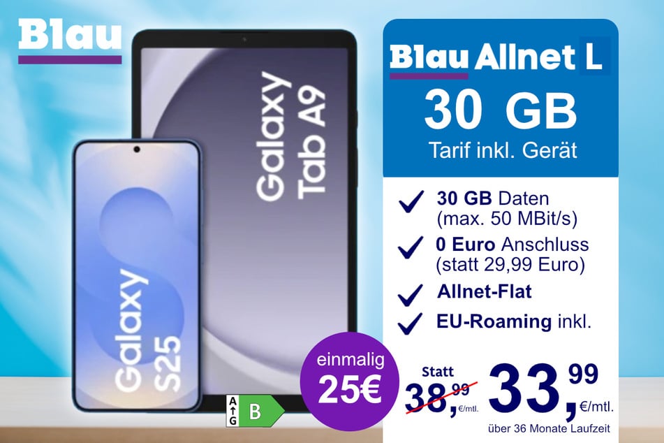Das Samsung Galaxy S25 + Galaxy Tab A9 im Blau Allnet L für einmalig 25 Euro.