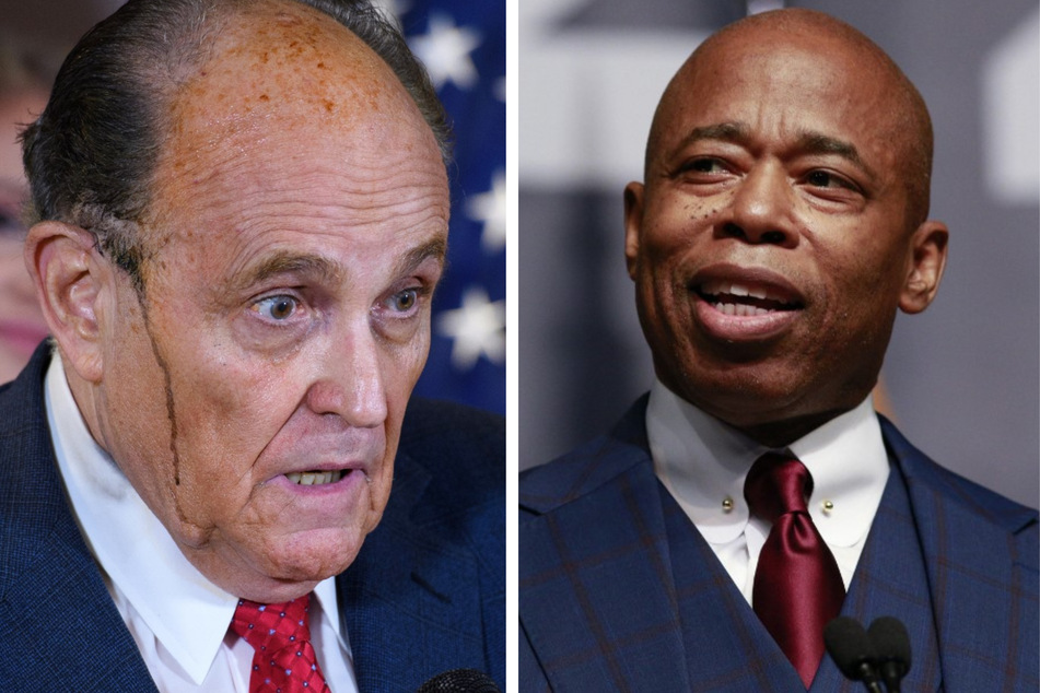 Former NYC mayor Rudy Giuliani (l.) called current mayor Eric Adams "an idiot" after he weighed in on the recent grocery store slap incident.