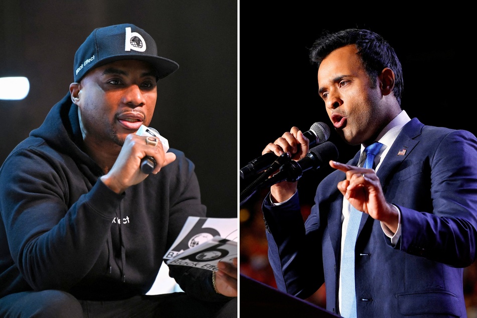 During a recent interview, radio host Charlamagne tha God (l.) accused MAGA Republican Vivek Ramaswamy of lying about why he is no longer with DOGE.