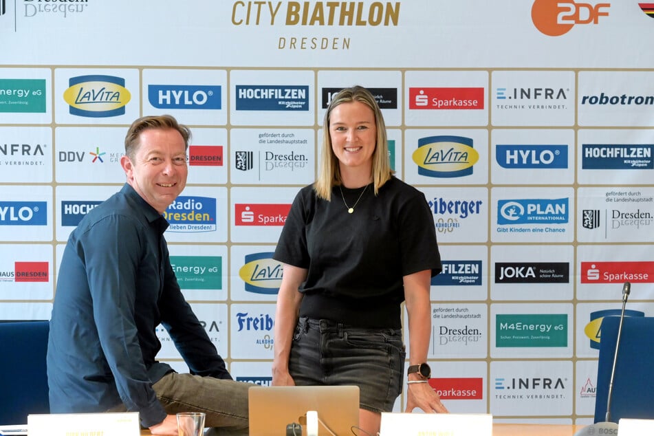 Organisator Ralf Niedermeier (l.) mit Ex-Biathletin Denise Herrmann-Wick (37).