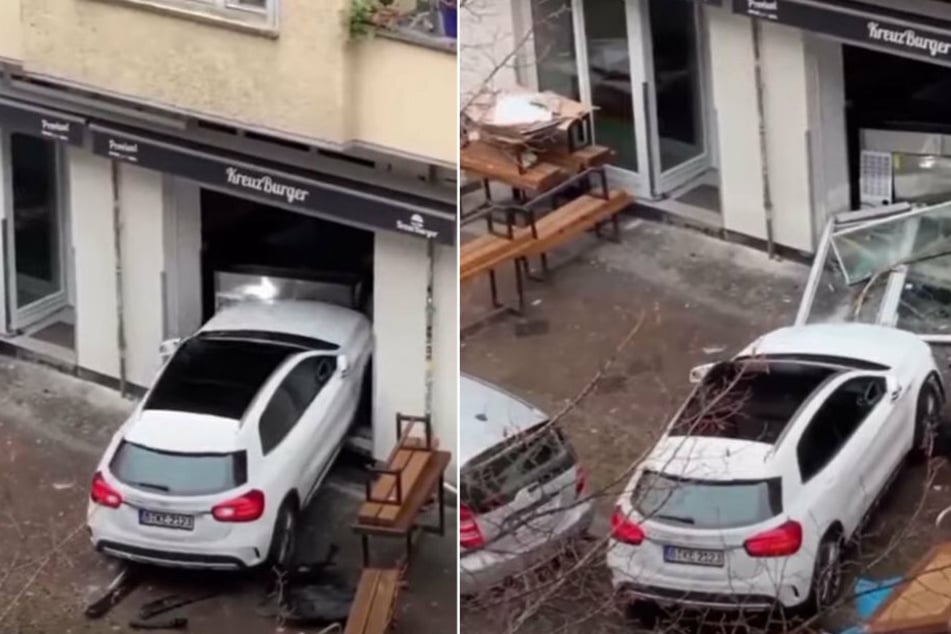 Der Fahrer rammte gezielt und mehrmals eine "KreuzBurger"-Filiale in der Grünberger Straße in Berlin-Friedrichshain.