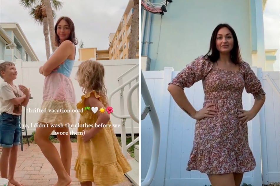 En TikTok, Skye Hitchcock presentó los primeros hallazgos en la tienda de segunda mano. En contra de lo que dice la foto de la izquierda, por supuesto lavó toda la ropa antes de que ella y sus hijos se vistieran.