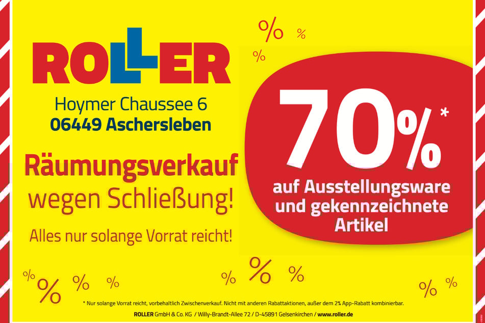 Während des Räumungsverkaufs bei ROLLER in Aschersleben warten jetzt 70 Prozent Rabatt¹ beim Möbelkauf.