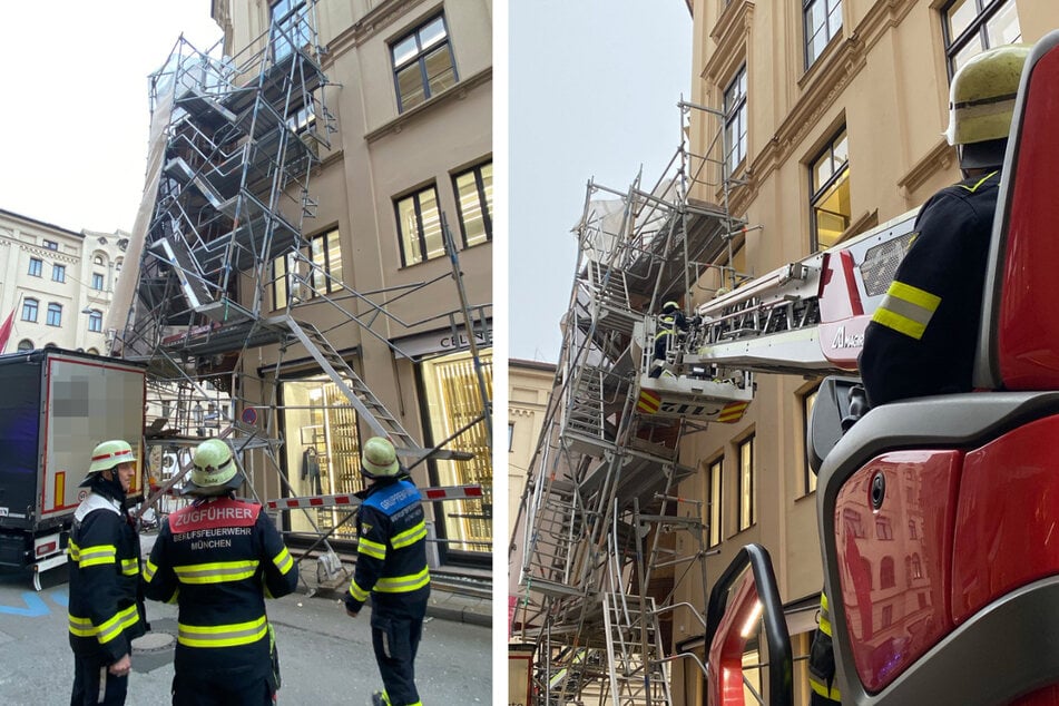 Die Feuerwehr sicherte das einsturzgefährdete Gerüst über eine Drehleiter ab.