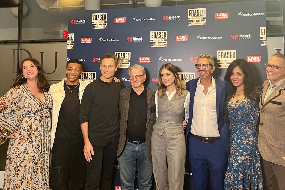 The cast and crew of Erased: The Murder of Elma Sands attended Wednesday's premiere event (from l. to r.): Allison Flom, Maxwell Whittington-Cooper, Tony Goldwyn, Barry Scheck, Allison Williams, Jason Flom, Khaliah Ali, and Jeff Kempler.