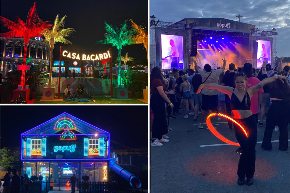 Gov Ball 2022 was alight at night with light up hula hoopers (r.) and installations from BACARDÍ and Gopuff (l.).