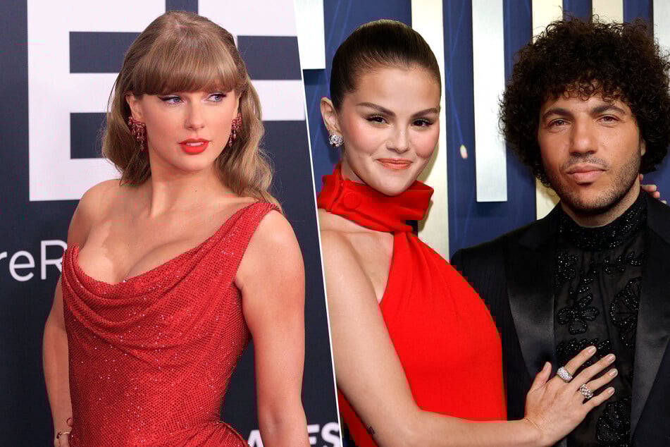 Taylor Swift (l.) was spotted landing in California ahead of her longtime pal Selena Gomez's wedding to Benny Blanco (r.) on Saturday.