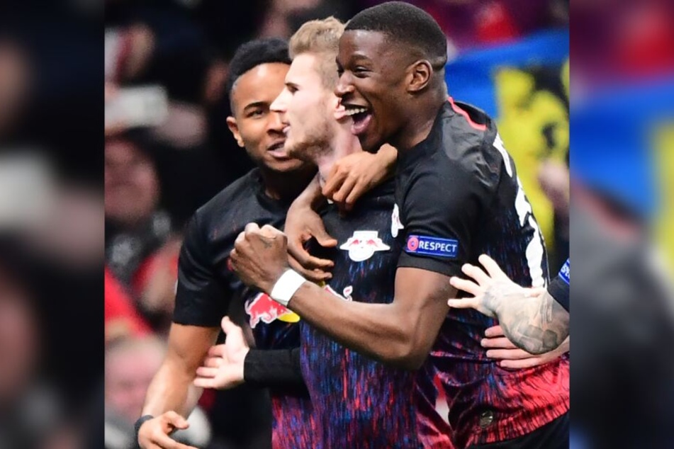 Christopher Nkunku, Torschütze Timo Werner und Nordi Mukiele (v.l.n.r.) beim Jubel.