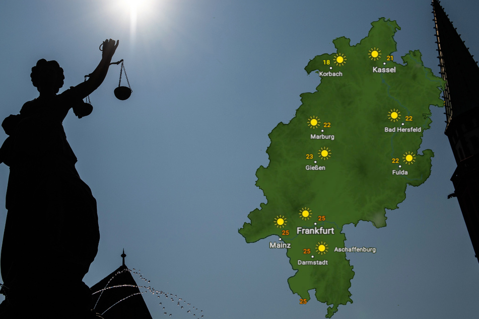 Auch über der Justitia am Frankfurter Römerberg wird in den kommenden viel die Sonne scheinen.