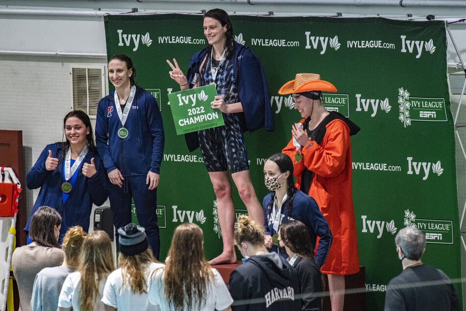 Penn University’s Lia Thomas celebrates taking first place in the 500-yard freestyle race with a time of 4.37.32 during the championship final race in heat three during the Women's Ivy League Swimming &amp; Diving Championships at Harvard University on February 17, 2022.