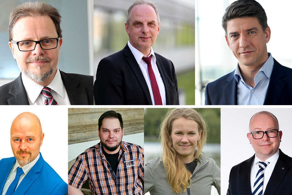 Die Chemnitzer Kandidaten (obere Reihe, v.l.): Frank Heinrich (CDU), Detlef Müller (SPD), Michael Leutert (Linke), (untere Reihe, v.l.): Nico Köhler (AfD), Toni Rotter (Piraten), Meike Roden (Grünen), Frank Müller-Rosentritt (FDP)