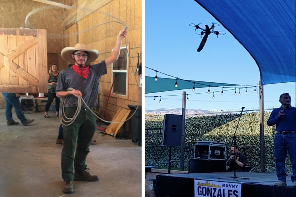 Kaelan Ashby Dreyer (l.) caused mayhem when he and friends disrupted a New Mexico political event with a flying dildo on a drone (r.).