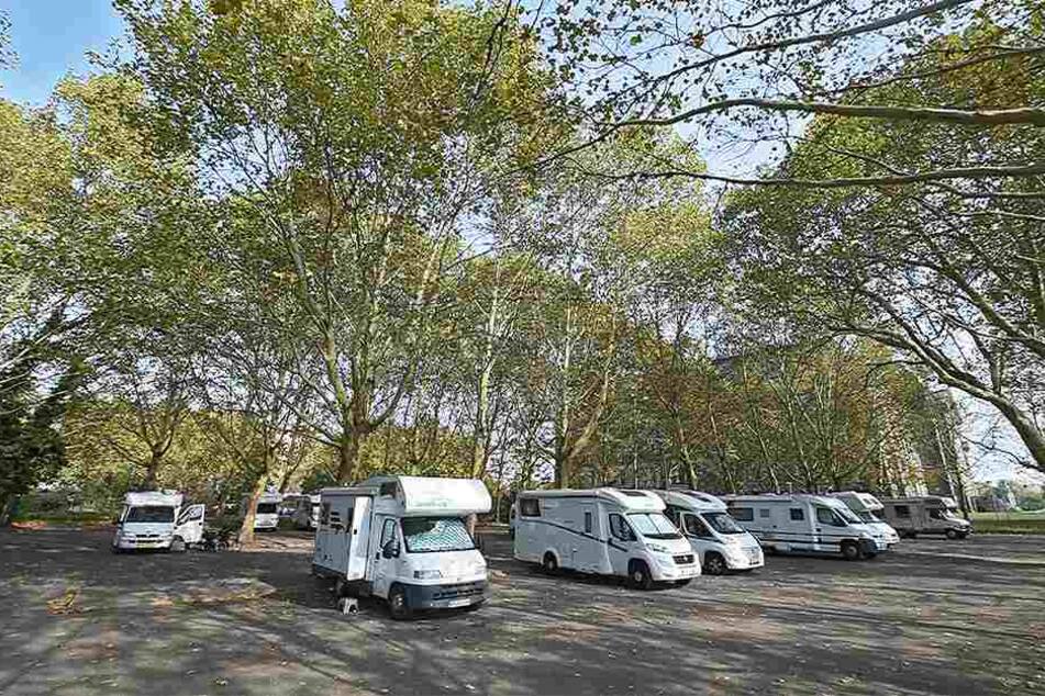 Auf den Grundstücken ist seit Jahren der Parkplatz für Wohnmobile. Aktuell ist der vermietet an eine private Betreibergesellschaft. Rechts im Bild sind Kultus- und Finanzministerium.