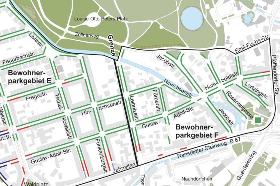 Bewohner entlang der Grenze an der Leibnizstraße dürfen teilweise nicht direkt um die Ecke herum parken, da dieser Bereich zum anderen Parkgebiet zählt.