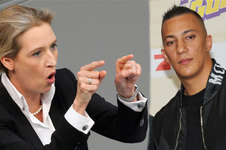 Farid Bang (31) droht der AfD-Chefin Alice Weidel (39) in einem Rap an, das Nasenbein zu brechen. (Bildmontage)