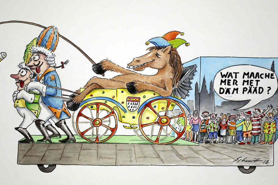 Die Reproduktion einer Zeichnung von Dirk Schmitt zeigt einen Entwurf für einen Motivwagen zum Thema Pferdeunfall im Rosenmontagsumzug.