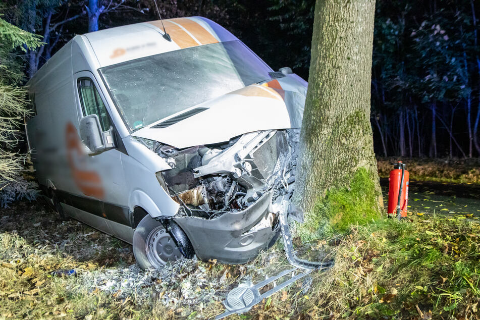 Der Mercedes-Transporter prallte frontal gegen einen Straßenbaum.