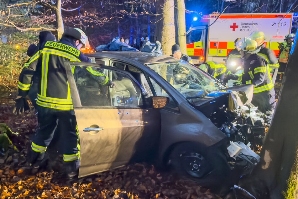 Aus noch ungeklärter Ursache war der Kia von der Straße abgekommen und frontal gegen einen Baum gekracht.