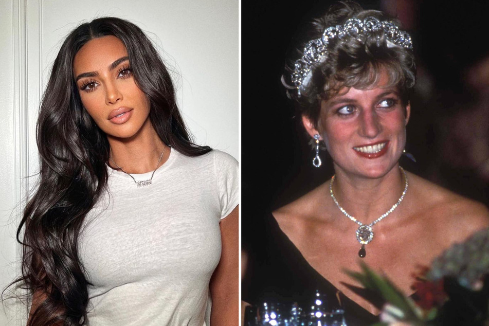 Kim Kardashian (l) has purchased a cross pendant famously worn by the late Princess Diana in 1987.