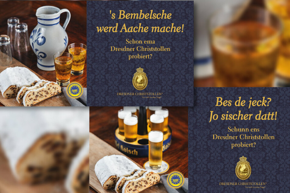 Mit flotten Sprüchen in der jeweiligen Mundart macht die Werbung klar, wie gut Stollen auch zu anderen Spezialitäten passt.