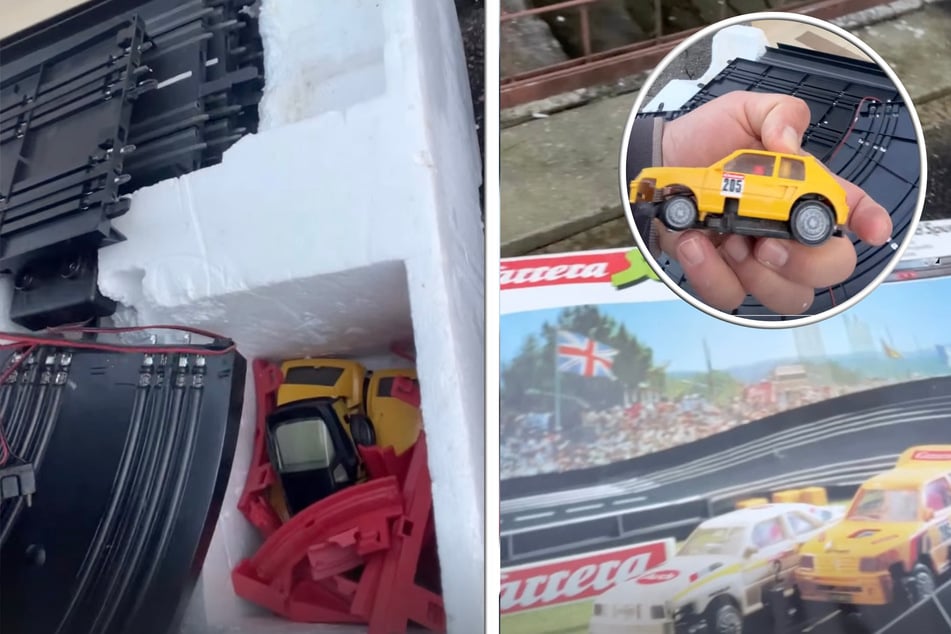 Auf dem Bürgersteig entdeckt er eine Carrera Autorennbahn und kann sein Glück kaum fassen.
